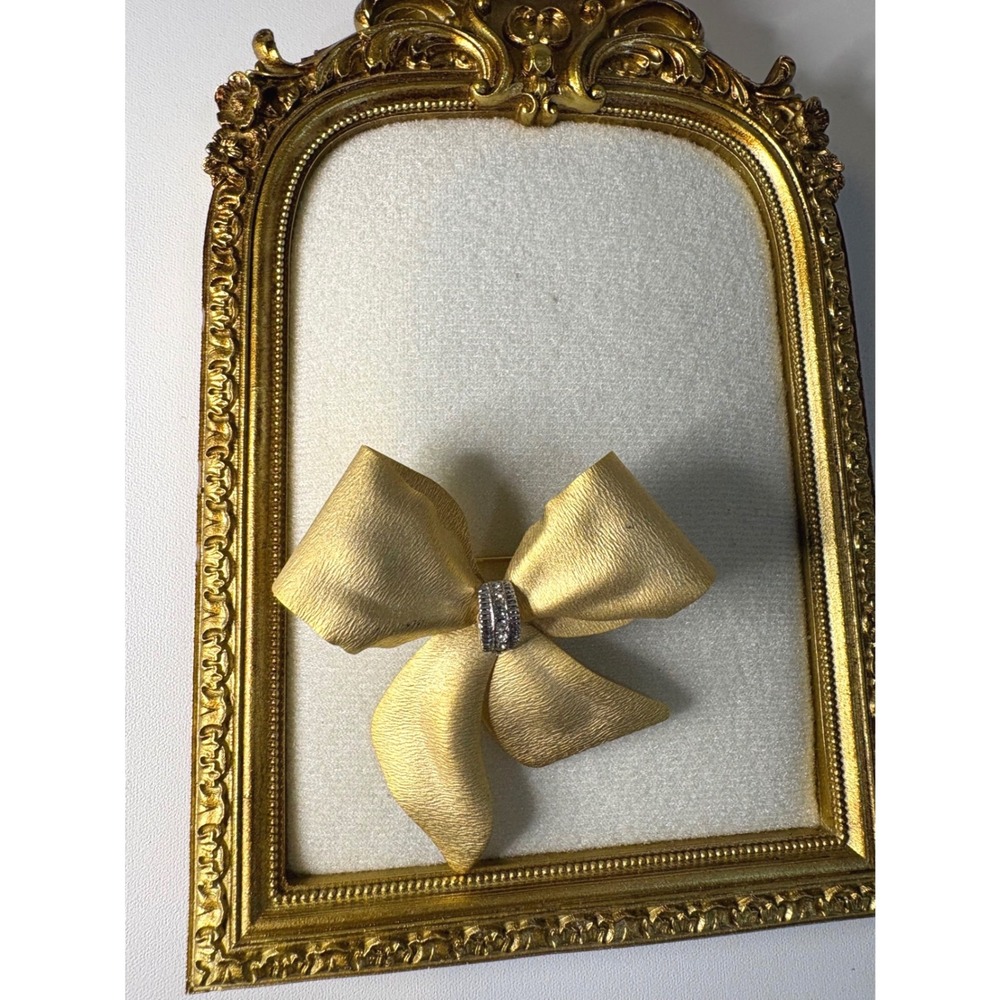 Vintage Gold Tone Textured Bow Brooch with Rhinestone Center Pin Accessory